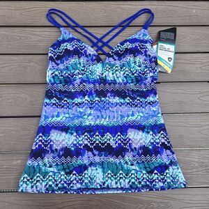 TYR Women Tankini  Top Blue Geometric Swim Active Emerald Lake  SZ L (10/12)